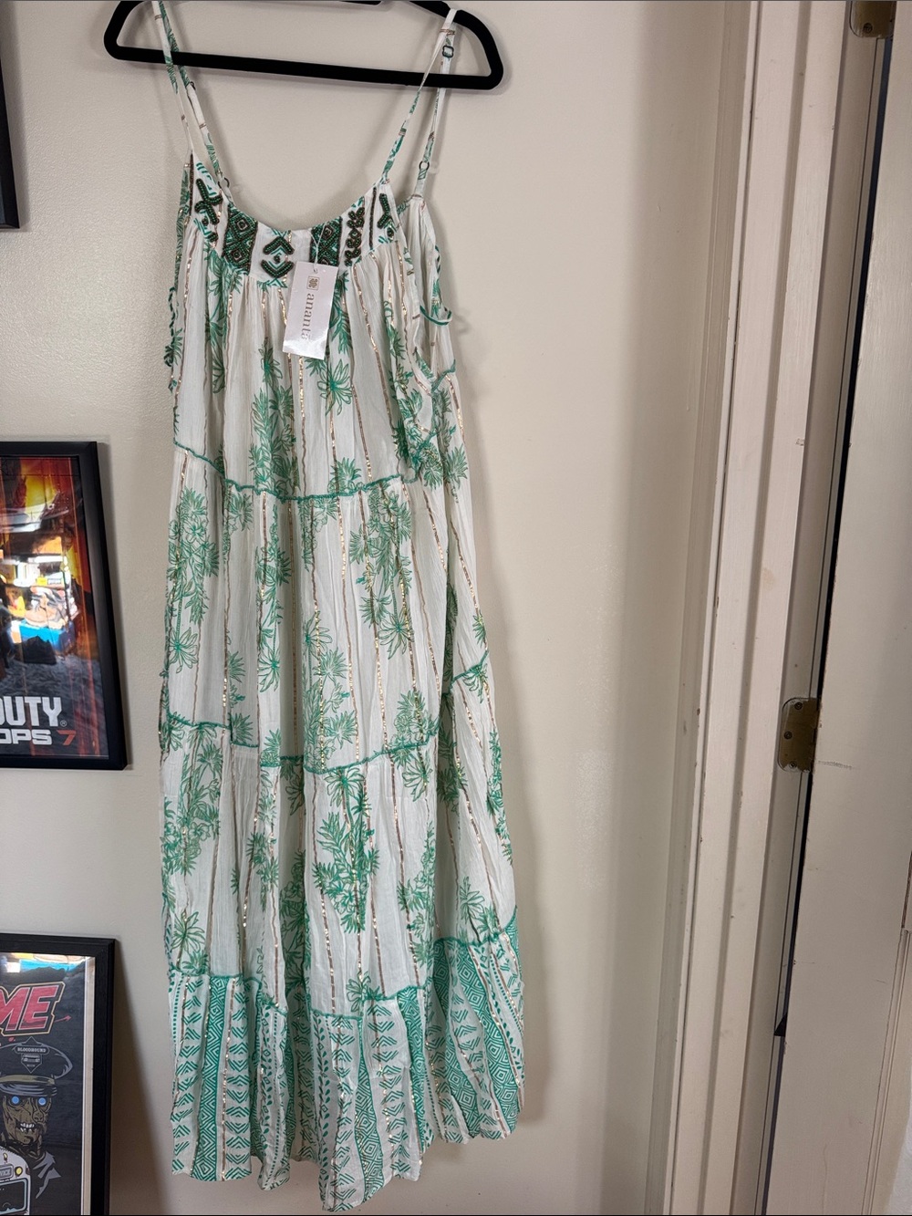 Bohemian Embroidered Maxi Dress — Green/White